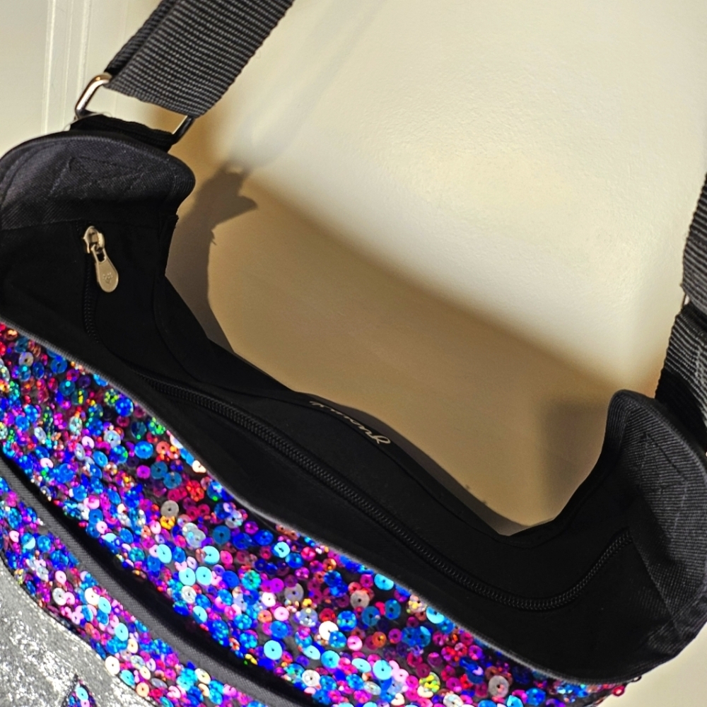 Justice Girls Black Messenger Bag Purple Silver Sequin Initial “R” Crossbody - Picture 13 of 16